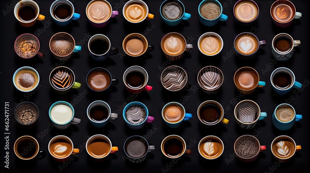 a collection of coffee cups with different designs and shapes on them. generative ai a collection of coffee cups with different designs and shapes on them. generative ai