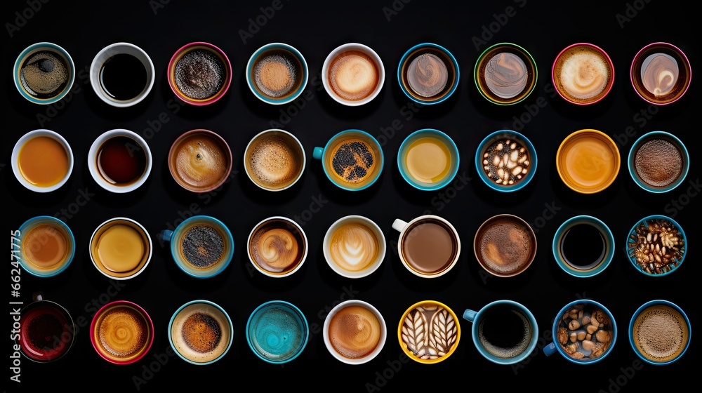 a collection of different cups of coffee on a black background. generative ai a collection of different cups of coffee on a black background. generative ai