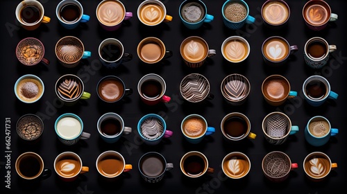  a collection of coffee cups with different designs and shapes on them.  generative ai