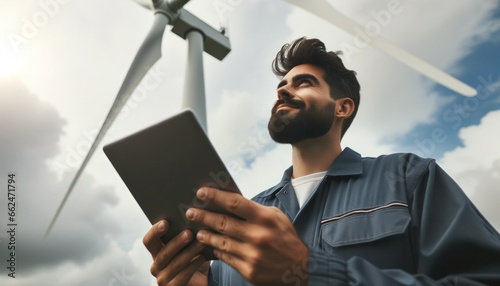 Close-up photo of a Hispanic technician, looking up with a tablet in hand, assessing the condition of a massive wind turbine.