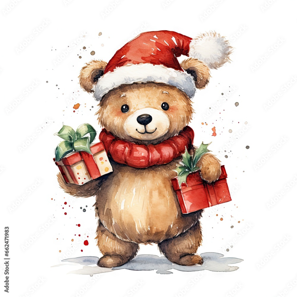 Cute watercolour plush teddy bear with gift boxes isolated on white background. New Year and Christmas concept. Cartoon character for card, sticker, print design Cute watercolour plush teddy bear with gift boxes isolated on white background. New Year and Christmas concept. Cartoon character for card, sticker, print design