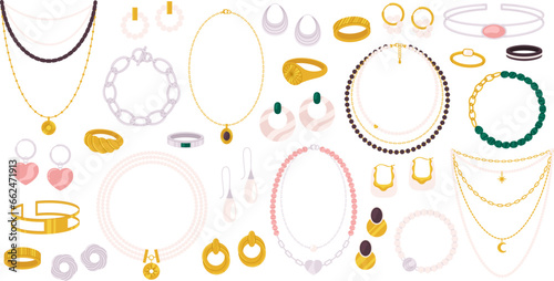 Flat gold silver jewelry collection. Ring and necklace, earrings with pearls and stones. Flat fashion female accessories racy vector clipart