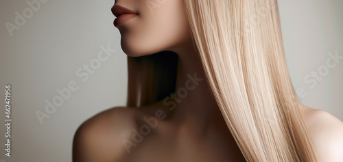 Beautiful natural woman with healthy long blonde hair, close-up	 photo