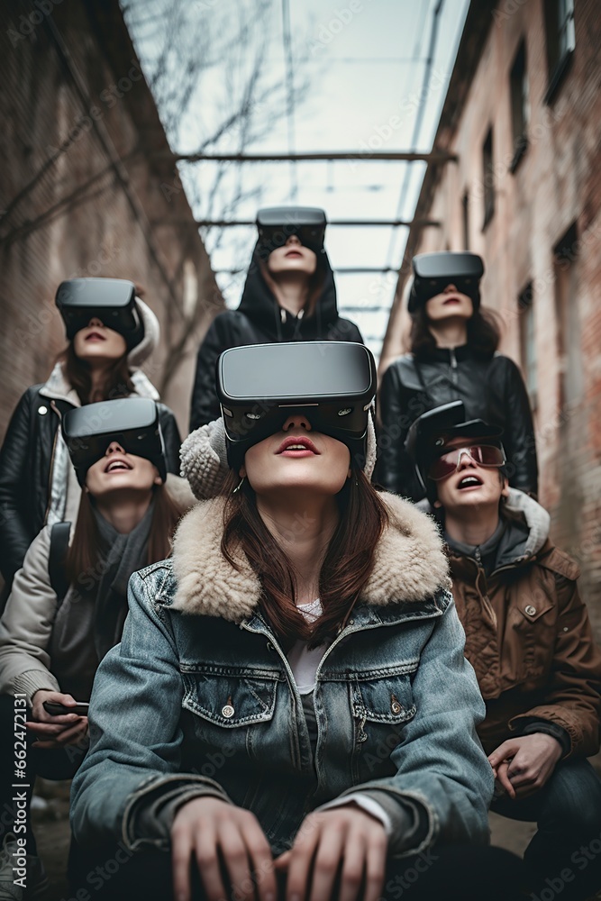 group of friends with virtual reality glasses group of friends with virtual reality glasses