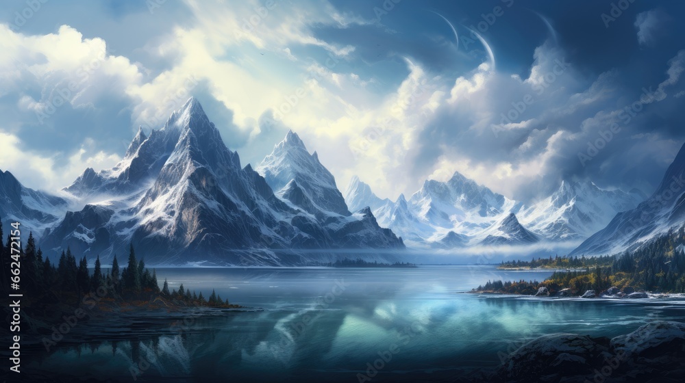 Winter landscape with a lake and mountain peaks in the background Winter landscape with a lake and mountain peaks in the background