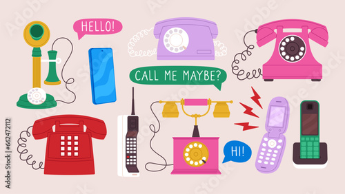 Retro digital phones wire style. Cell phone and wires, vintage mobile handset. Modern and nostalgie network equipment, racy vector cute clipart