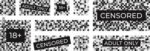 Censored elements different design. Pixel blurred squares, censor symbols. Pixelation censorship bars, flat adults content closed racy vector set