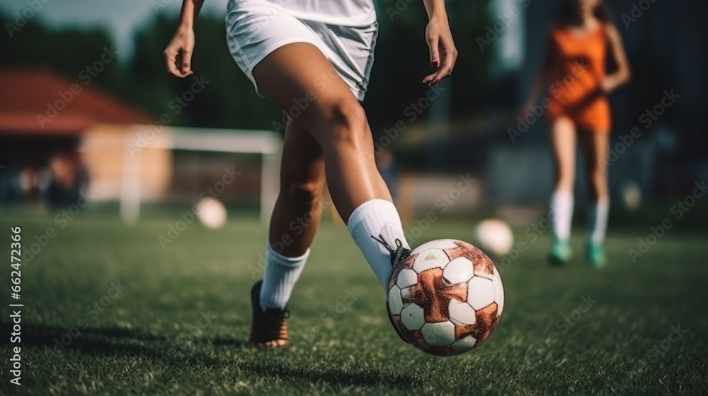 A dynamic girl, in soccer attire, skillfully controlling the ball with her foot, while maintaining balance and focus on the field.