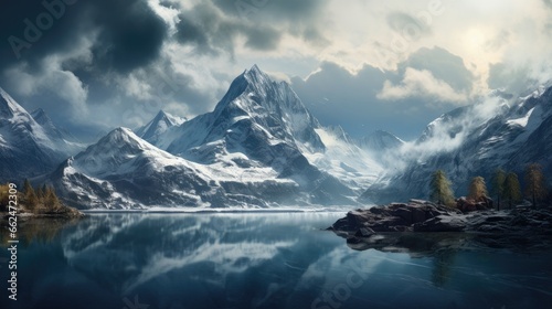 Winter landscape with a lake and mountain peaks in the background