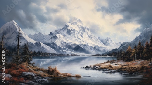 Winter landscape with a lake and mountain peaks in the background