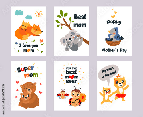 Cute animal mothers day cards. Baby and mom animals, funny bird in nest and ladybug with children. Funny fox and koala, classy vector covers design