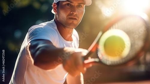 A focused man, in athletic wear, vigorously hitting a tennis ball with a swift movement of his racket on a sunny day. © PixelPaletteArt