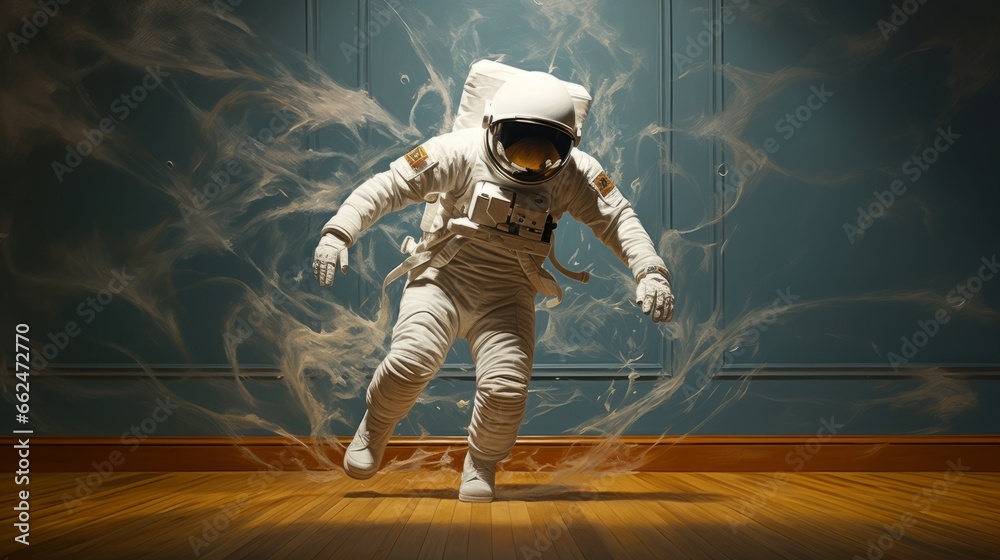 A man in a space suit is running through a room A man in a space suit is running through a room