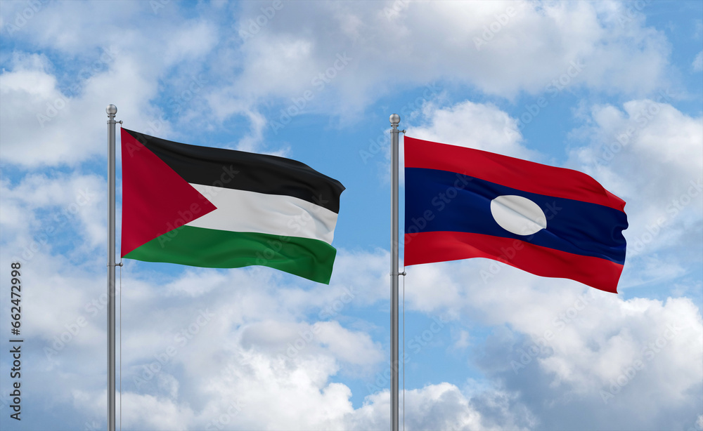 Laos and Palestine and Gaza Strip flags, country relationship concept
