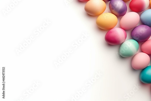 Colorful Easter egg banner on white background with double sided border. Top view with space for text. Generative AI
