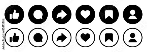 Like, comment, share icon buttons and Thumbs up, love heart, follower, save icon in black circle shapes , Social media notification icons. emoji post reactions set. Vector illustration