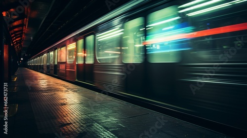 A train traveling down train tracks next to a platform © cac_tus