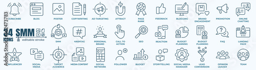 SMM and Social Media Marketing - thin line web icon set. Outline icons collection. Simple vector illustration.