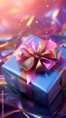 A blue gift box with a pink bow