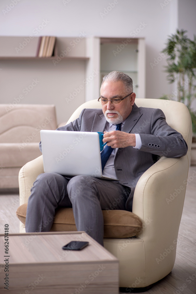 Old male boss working from home during pandemic Old male boss working from home during pandemic