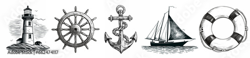Maritime woodcut collection. set of nautical illustration in engraving style
