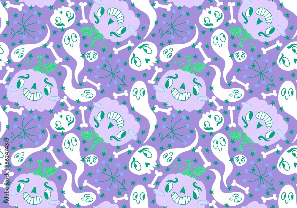 Halloween cartoon pumpkins seamless ghost and skulls pattern for wrapping paper and fabrics and kids clothes print