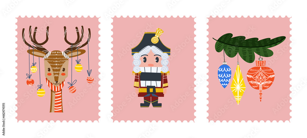 Fototapeta premium Christmas postage stamps with holiday symbols and elements of decoration for envelopes. New Year stickers with Santa Claus, Christmas tree, gifts. Illustration in a flat style