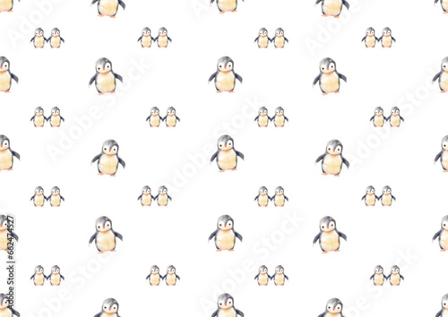 Watercolor seamless pattern with penguins. Cute grey bird for baby textile, wallpaper, nursery decoration
