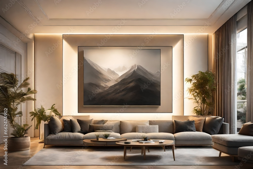 A Canvas Frame for a mockup in a modern living room, illuminated by the ambient backlight of recessed LED lights