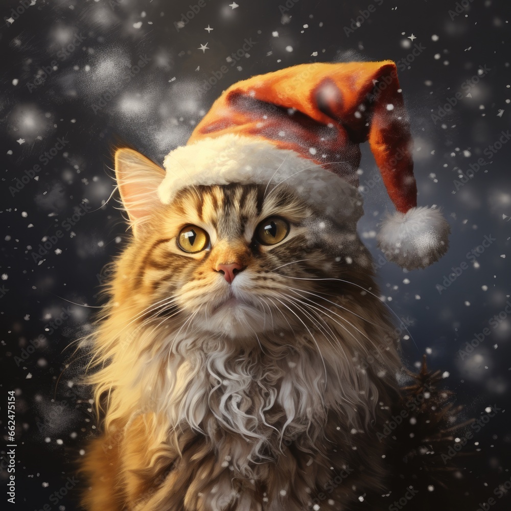 Domestic cat in winter hat outdoors in winter
