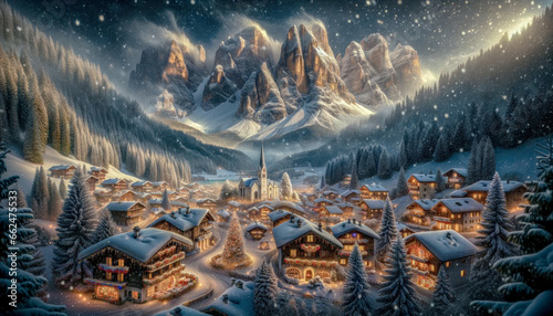 Painting Representing a Charming Christmas Village in the  Alps Heavy Snow is Falling Wallpaper Background Cover Brainstorming Card Digital Art © Korea Saii