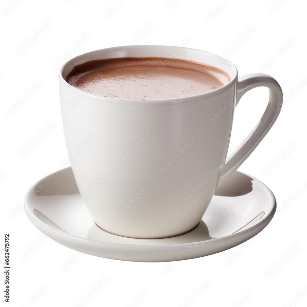 Hot chocolate drink with white cup isolated on transparent background. - obrazy, fototapety, plakaty 