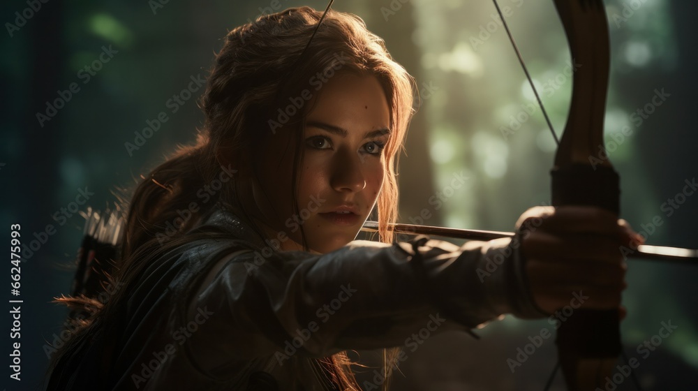 A skilled archer, with an intense focus, drawing her bow firmly while aiming at a distant target, amidst a tranquil forest.