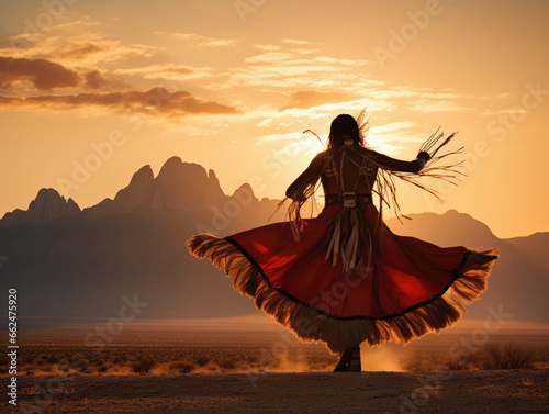 Native American Indian woman dancing at sunset in the desert mountains