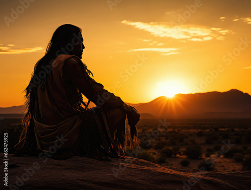 Native American Indian man watching the sun rise