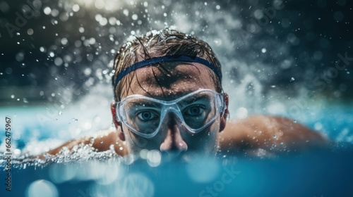 A proficient swimmer, goggles snugly fit, rhythmically slicing through the cerulean water of an indoor swimming pool. © PixelPaletteArt