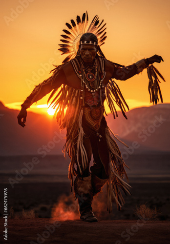 Native American Indian man dancing at sunset in the desert mountains