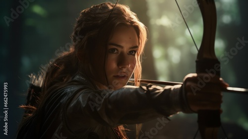 A skilled archer, with an intense focus, drawing her bow firmly while aiming at a distant target, amidst a tranquil forest.