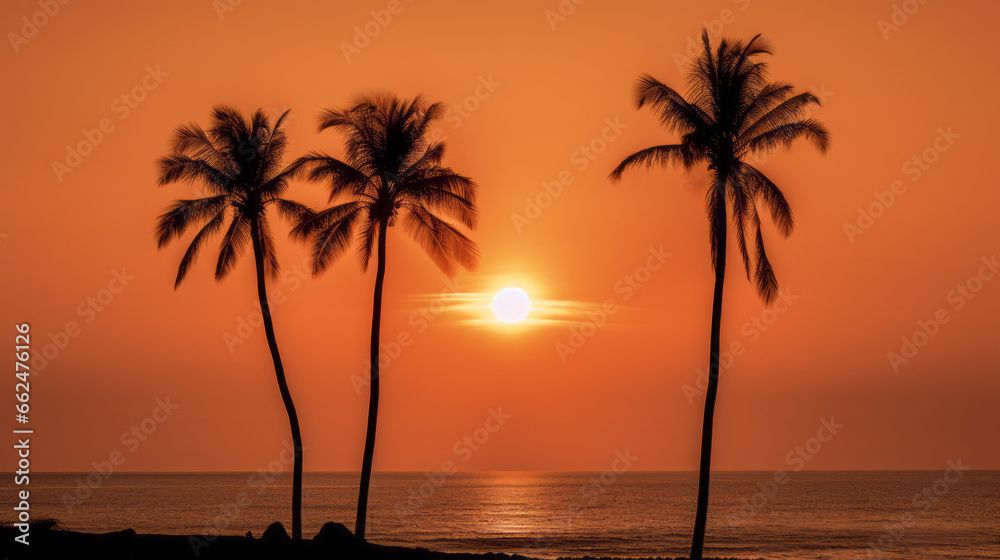 Three palm trees are silhouetted against the setting sun