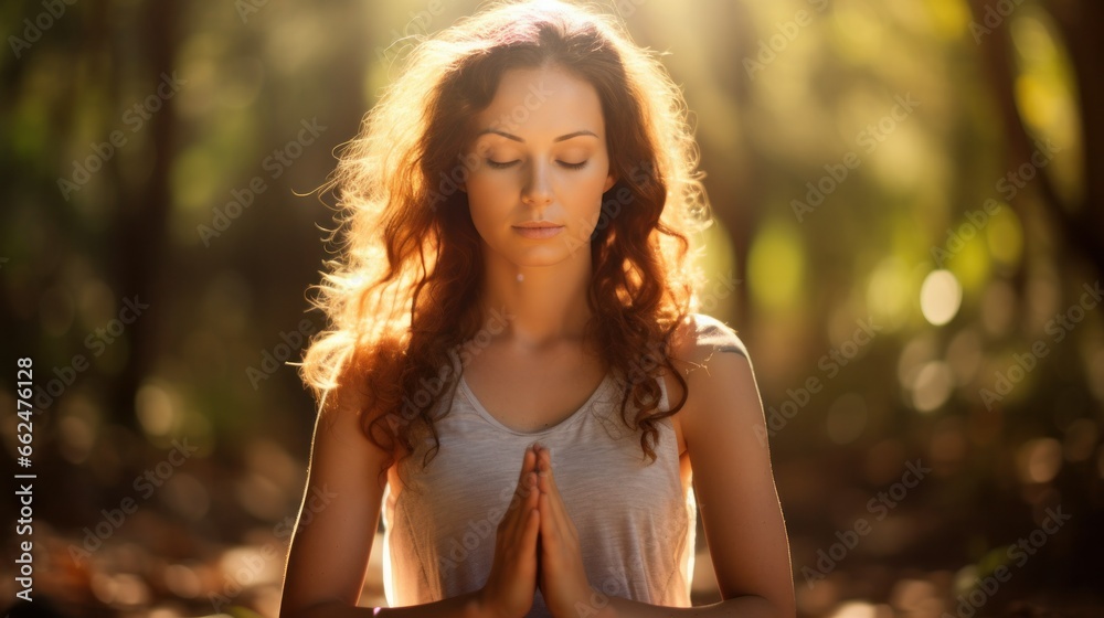 A tranquil woman, in a peaceful outdoor setting, gracefully practicing a yoga pose, with serene expression and focus. A tranquil woman, in a peaceful outdoor setting, gracefully practicing a yoga pose, with serene expression and focus.