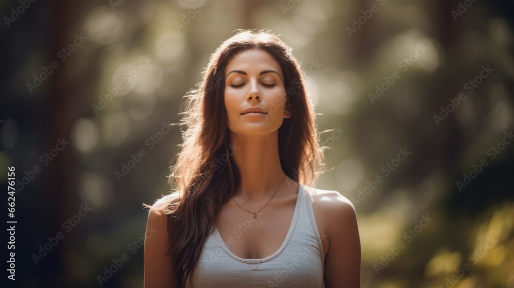 A tranquil woman, in a peaceful outdoor setting, gracefully practicing a yoga pose, with serene expression and focus.