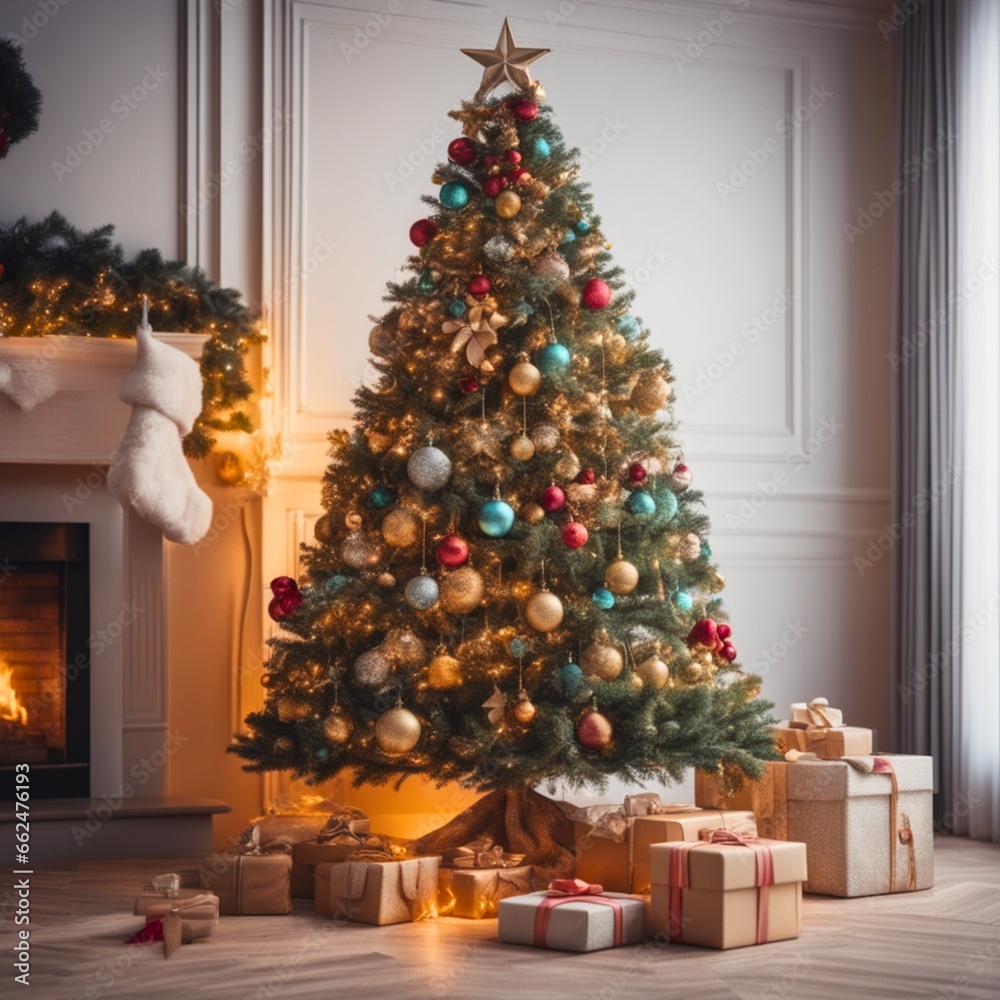 A Christmas tree with beautiful decorations in home with new year gifts .