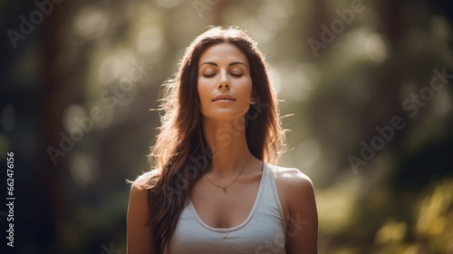 A tranquil woman, in a peaceful outdoor setting, gracefully practicing a yoga pose, with serene expression and focus.