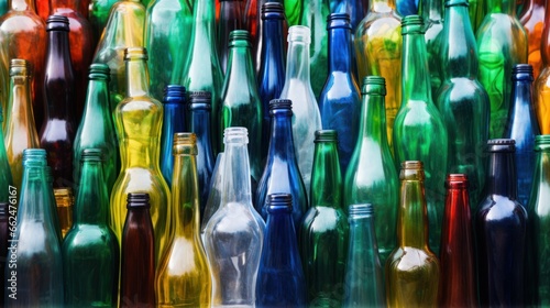 A variety of glass bottles, washed and assembled, indicating the readiness for the recycling process.
