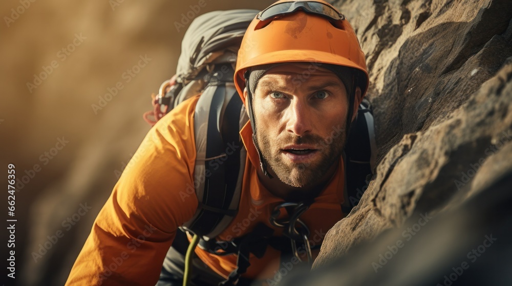 An adventurous climber, utilizing safety gears, meticulously scaling a steep, rugged mountain surface, with determination in his eyes.
