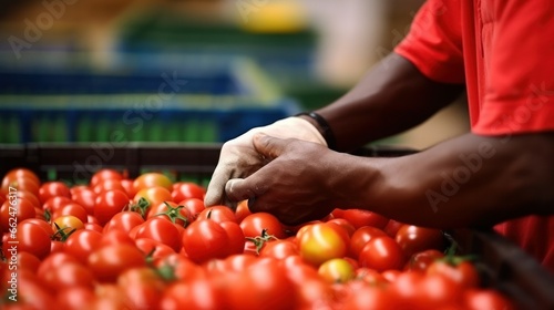 A worker, surrounded by fresh tomatoes, thoughtfully selecting and placing them into a box for distribution.