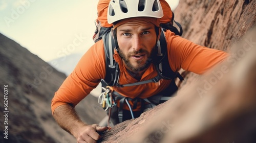 An adventurous climber, utilizing safety gears, meticulously scaling a steep, rugged mountain surface, with determination in his eyes. photo