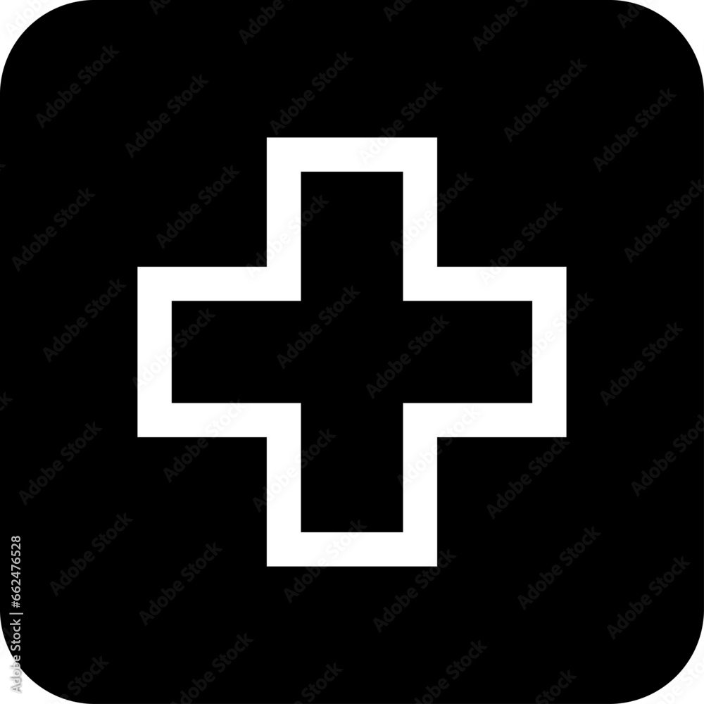 Cross in Soft Square Symbol First Aid Kit Emergency Healthcare Black and White Sign Icon. Vector Image. Cross in Soft Square Symbol First Aid Kit Emergency Healthcare Black and White Sign Icon. Vector Image.