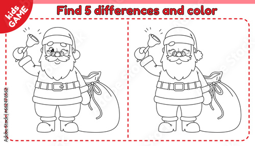 Kids game Find 5 differences with cartoon happy Santa Claus ringing bell with a bag of gifts. Compare cute merry Christmas characters and spot differences. Black and white outline vector design.