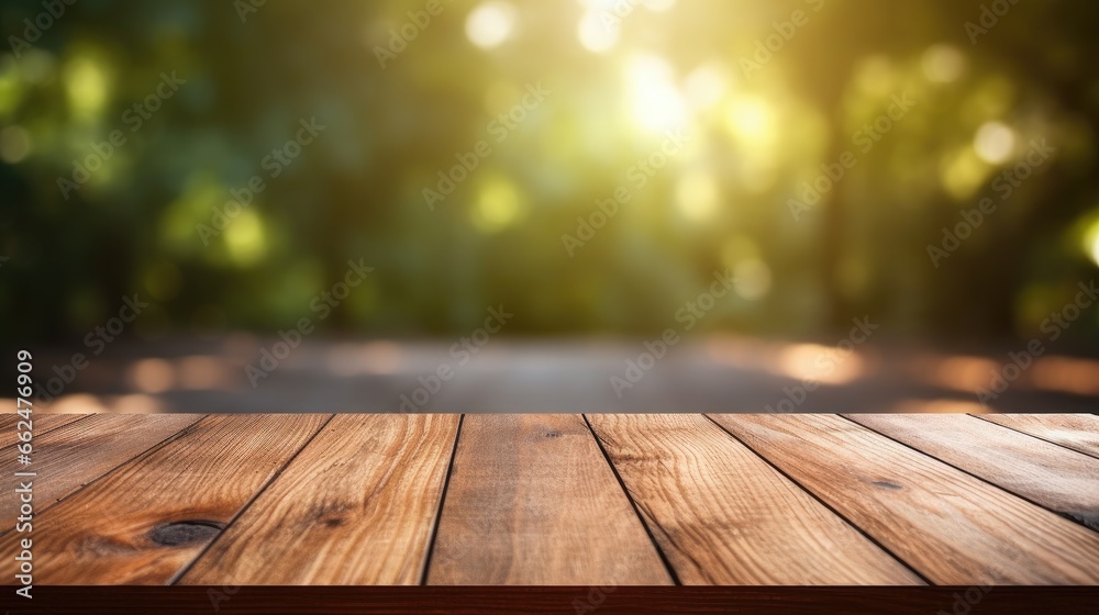 Empty Wooden surface for presentation with blurred garden background, mockup, Space for presentation product Empty Wooden surface for presentation with blurred garden background, mockup, Space for presentation product